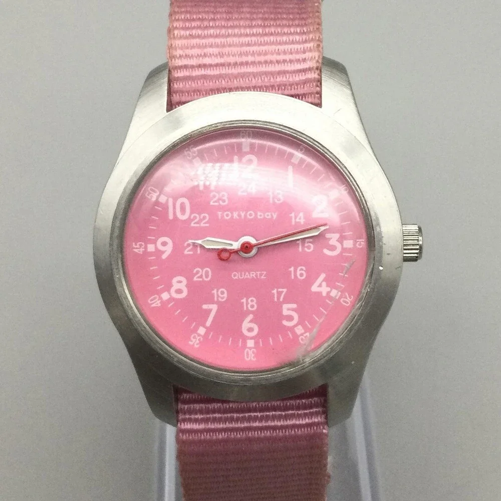 TOKYObay Womens Watch 32mm Pink Dial Nylon CRACKED CRYSTAL New Battery